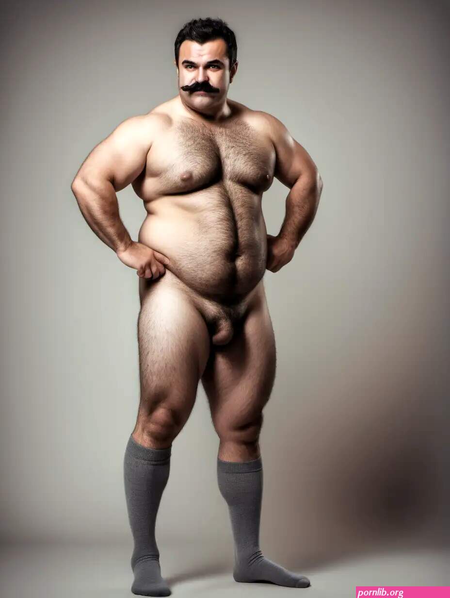 Athletic Hairy Burly Man in Mustache Fight Pose