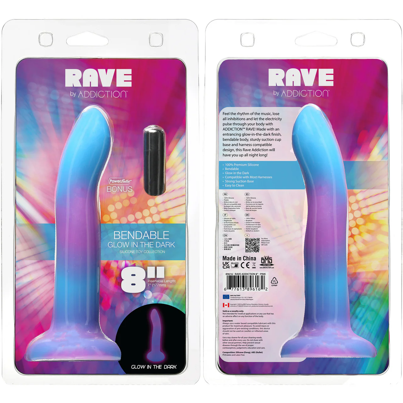 Rave By Addiction Silicone 8 Glow In The Dark Bendable Suction Cup Dildo