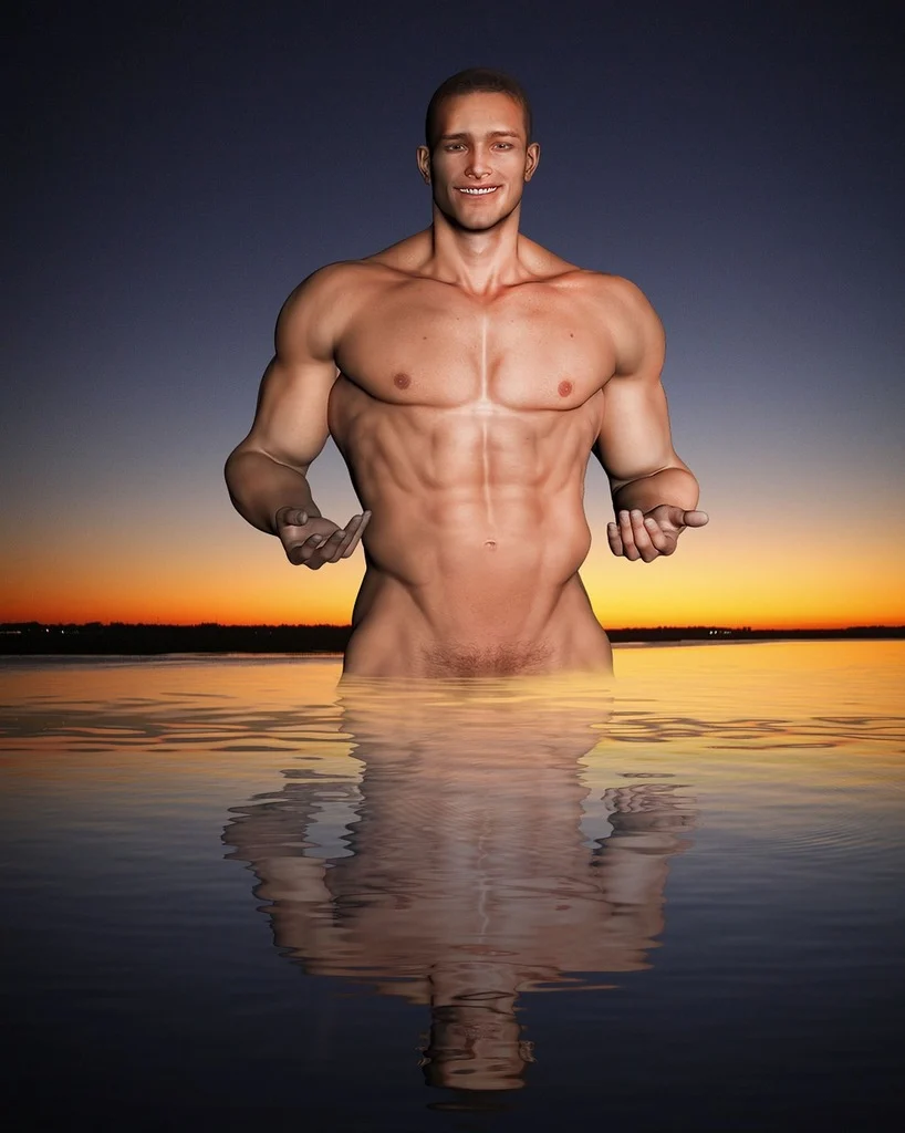 A man standing in a body of water. Half naked man water reflection muscular travel vacation.