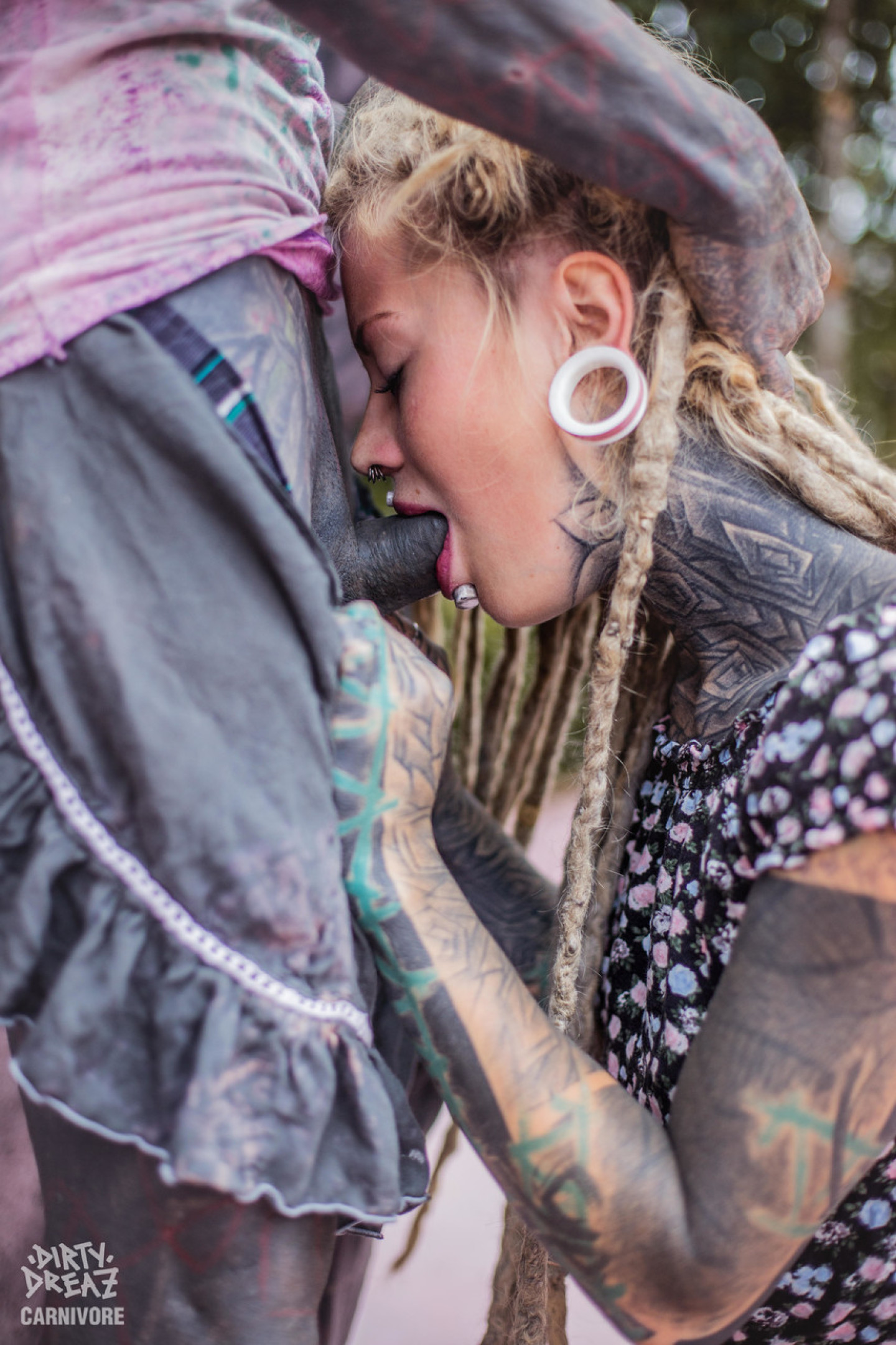 Heavily tattooed girl Lily Lu sucks on her boyfriends tattooed penis