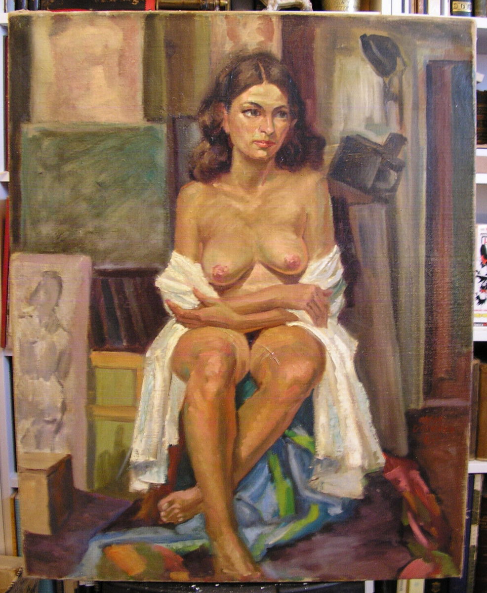 Antique Oil Painting Art Female Figure Nude Woman Sitting Portrait Signed 68
