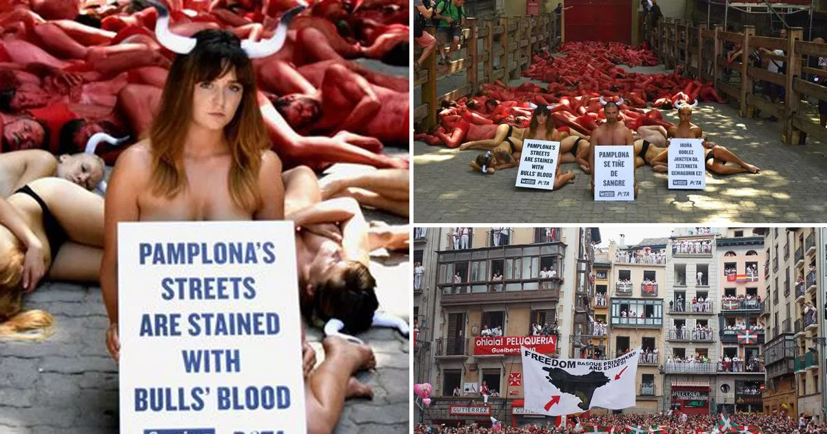 Pamplona bull run: British graduates almost-naked protest at world-famous San Fermin Festival