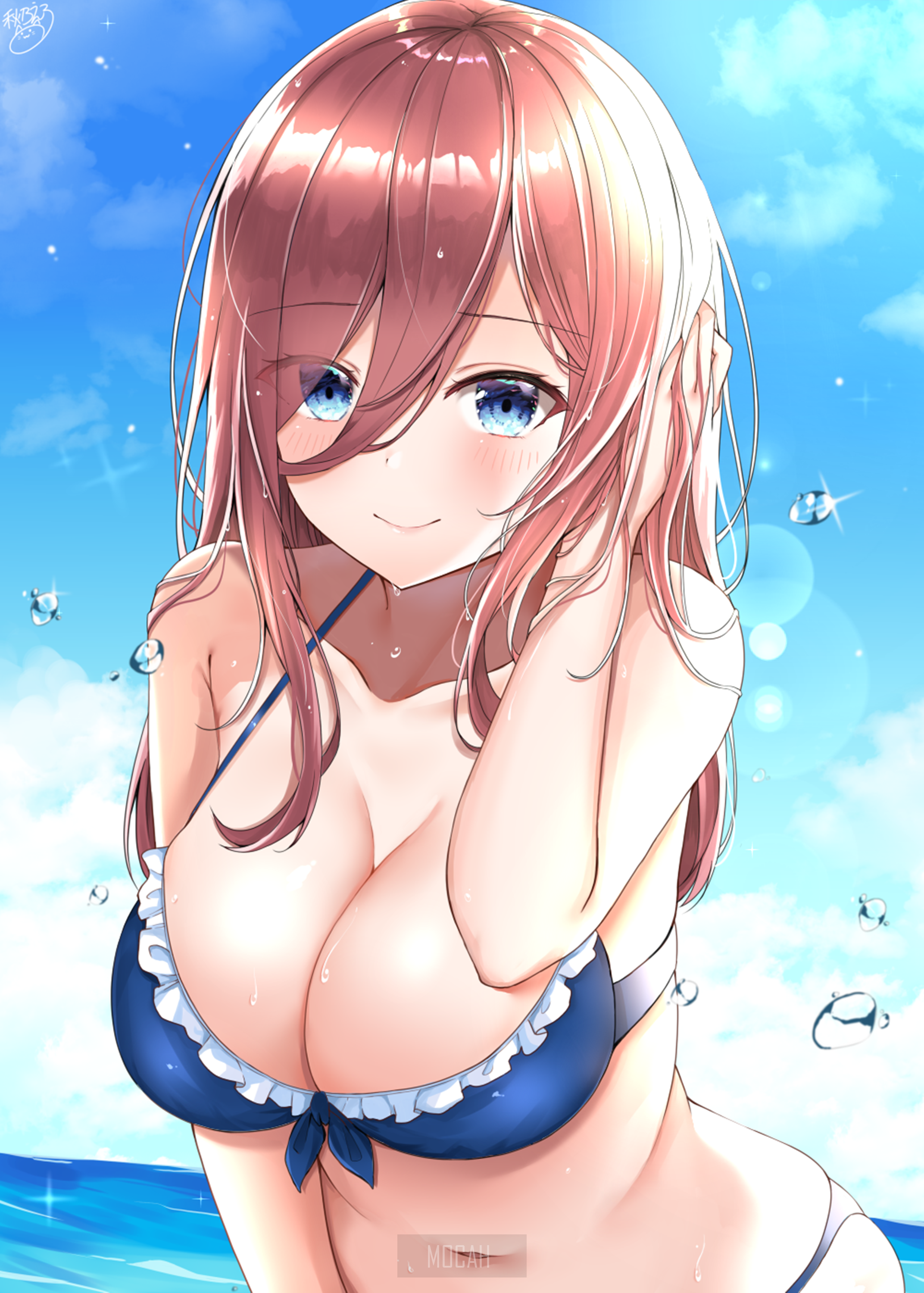 anime anime girl boobs big boobs long hair 5-toubun no Hanayome Nakano Miku redhead blue eyes bikini blue bikini water sky clouds bare shoulders background hd 2144x3000 HD Phone Wallpaper