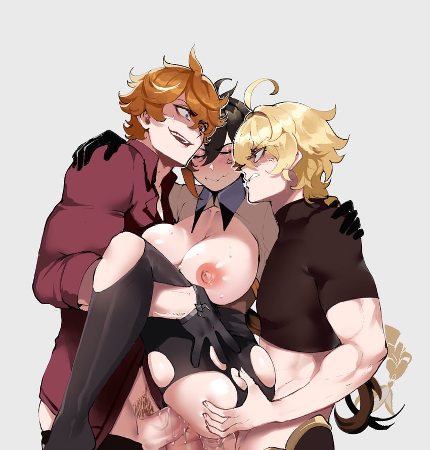 aether zhongli and tartaglia genshin impact drawn by nyantcha