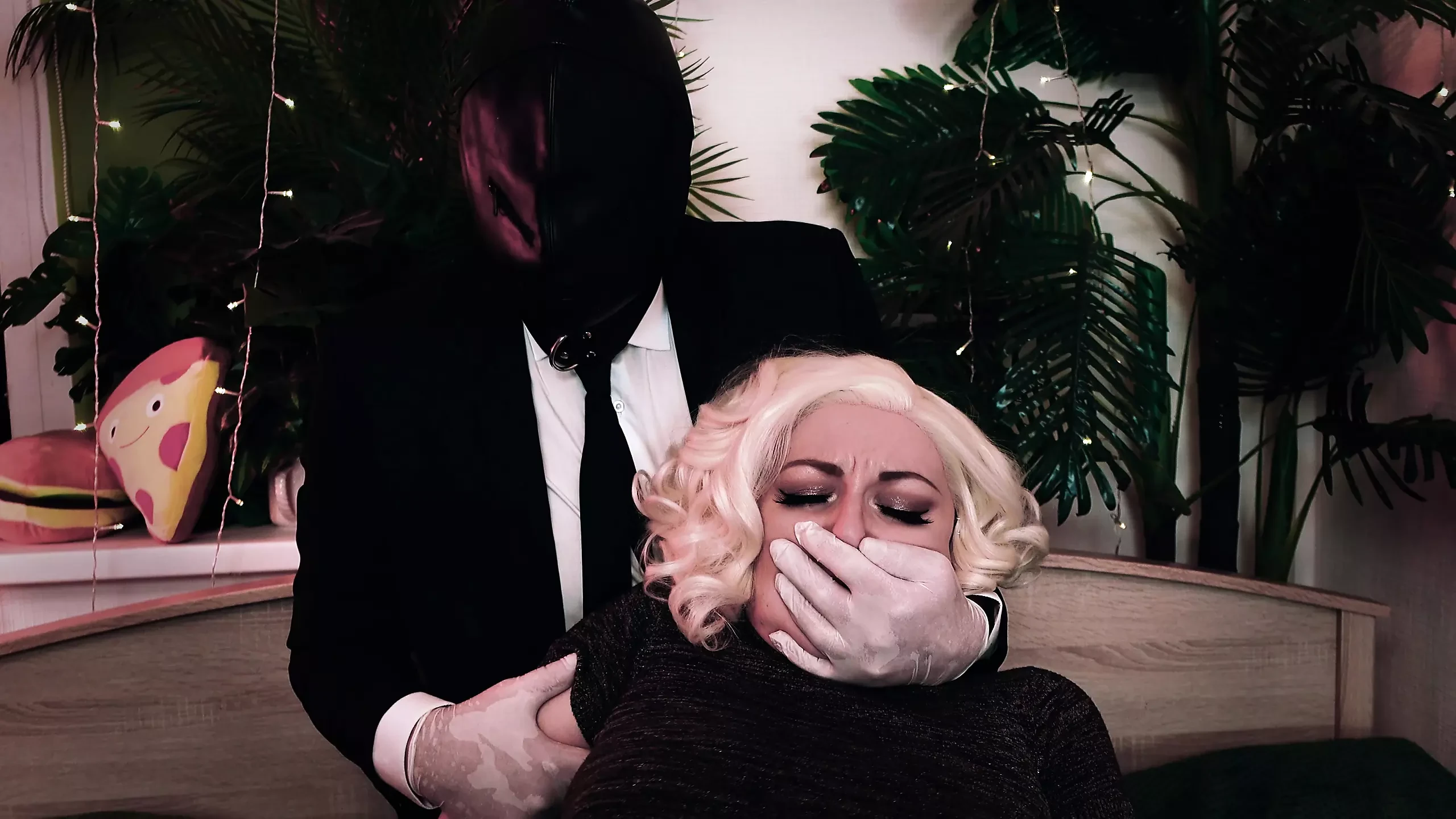 Hot Kinky Man Covers the Girls Mouth and then Cuts Her Clothes off Medical Gloves and Moans