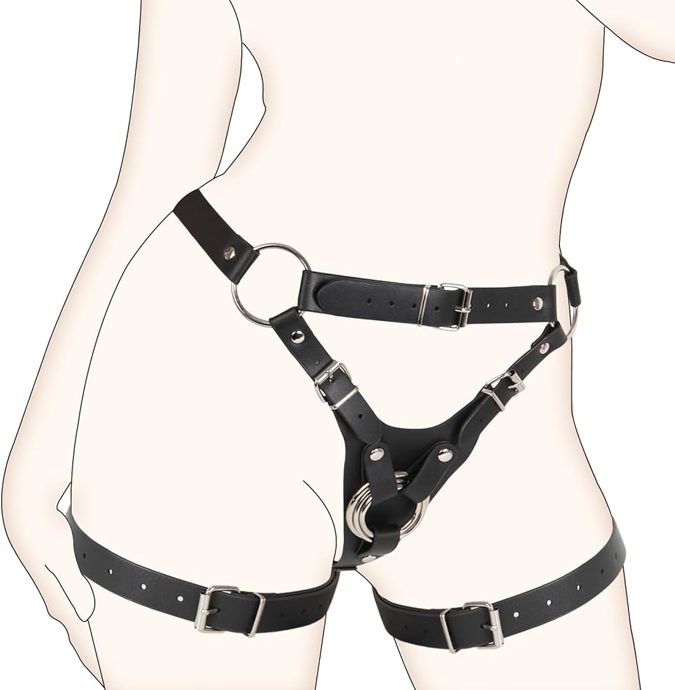 : Sex Strap On Harness for Women Pegging Dildo Adult Sex Toy with Detachable 3 Size Metal O-Rings Thigh Cuffs Wearable Adjustable Bondage Gear for Couple Lesbian Gay Vaginal Anal Play Black :