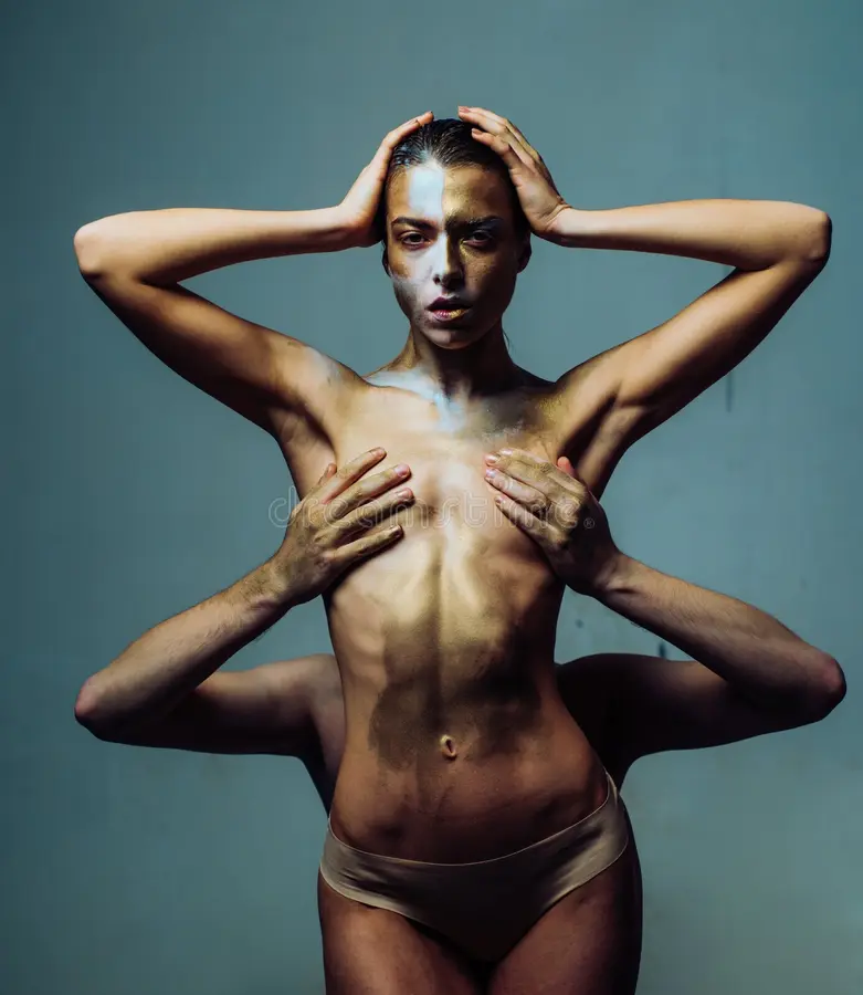 Touch Her Nipples. Slim Fit Naked Girl Skin Metallized Color. Golden Girl Sexual Foreplay. Love Sex Stock Image