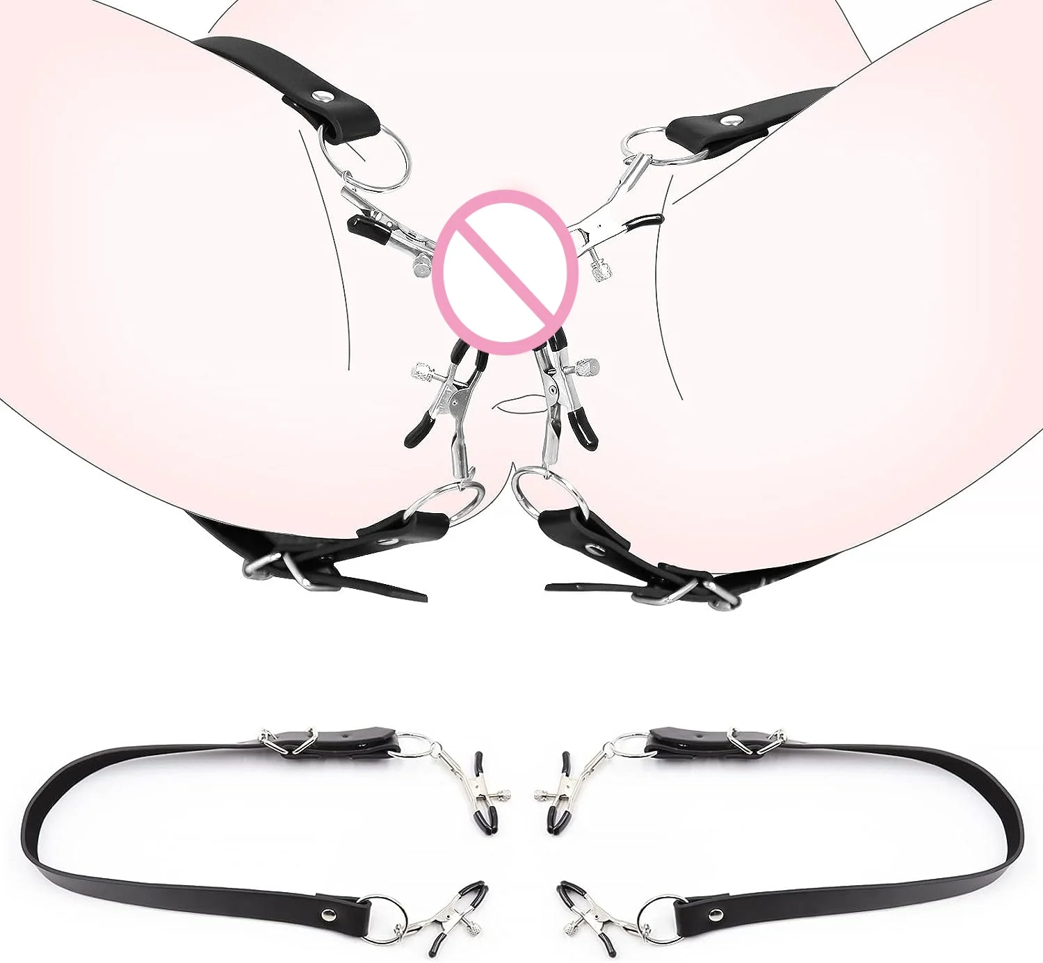 Labia Spreader for Women BDSM Pussy Clamp Nipple Clamps Clitoral Stimulator Clips with Adjustable Leather Straps Rubber Tips
