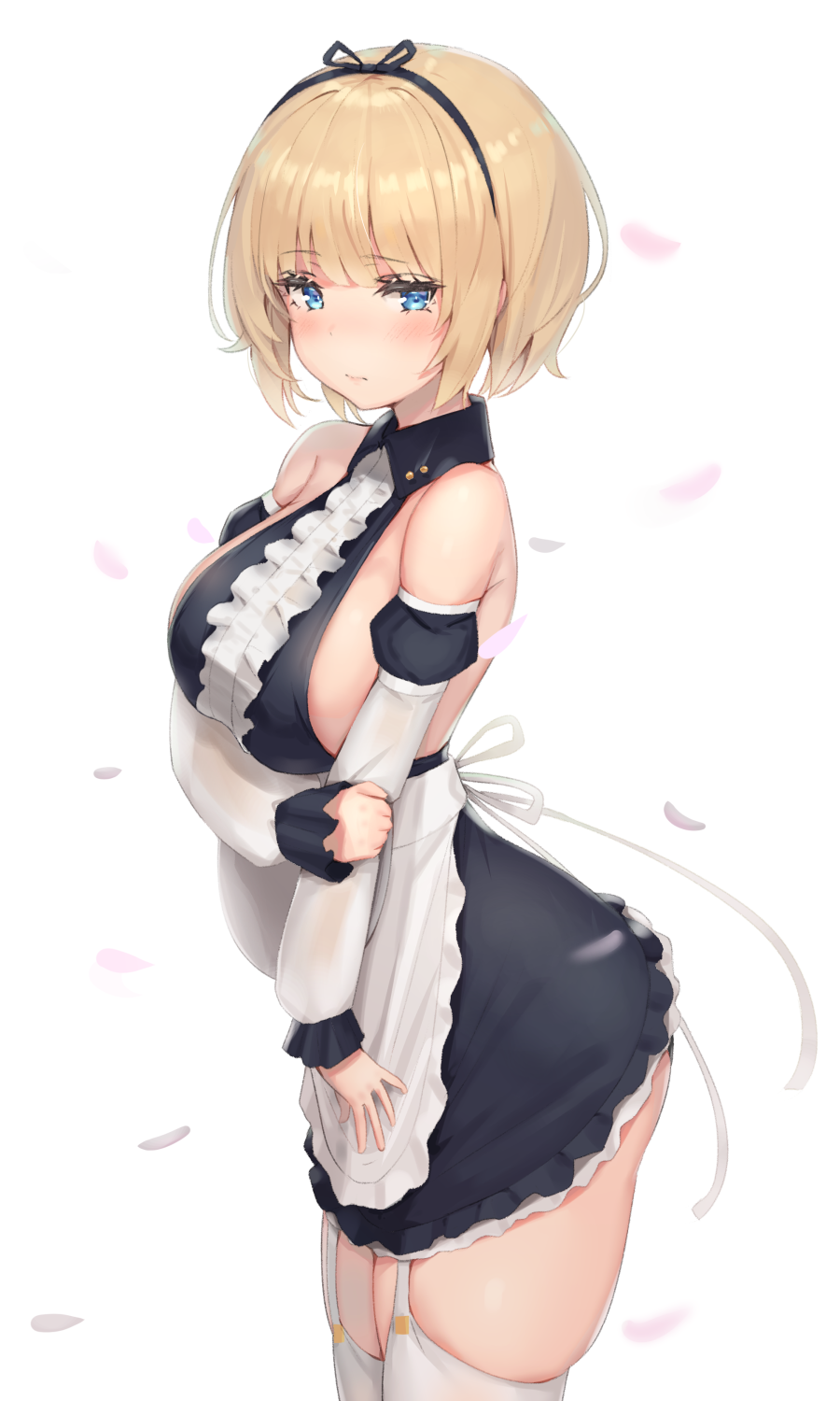 reinama blonde short hair blue eyes waitress big boobs sideboob anime anime girls digital art artwork 2D portrait display blushing maid outfit thigh-highs garter straps