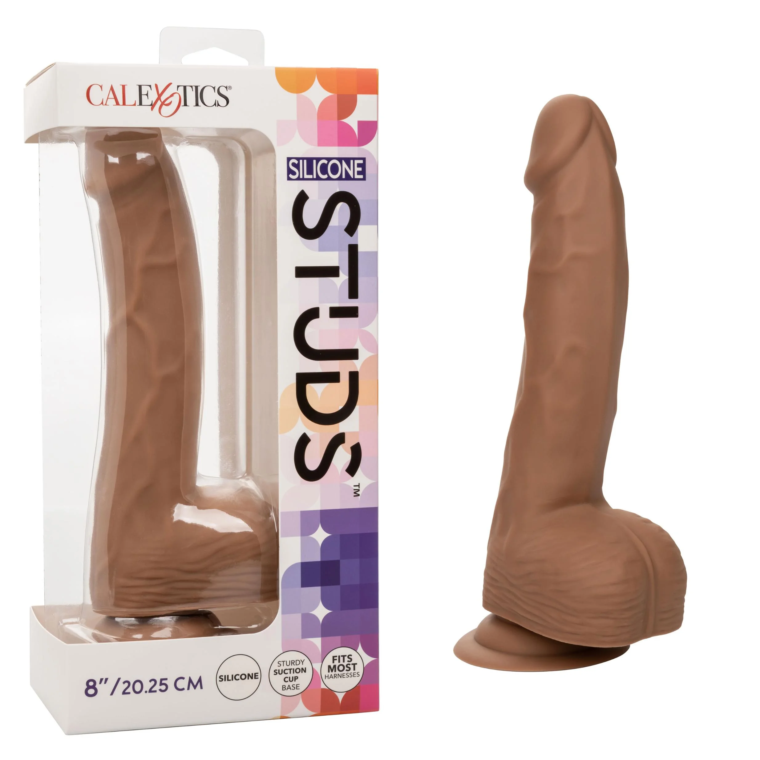 CalExotics Silicone Studs? 8 Inch ? Realistic Dildo with Suction Cup Base Harness Probe ? Brown